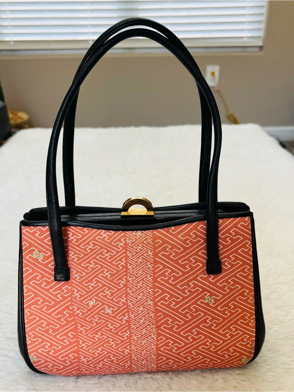 Kimono Japanese black leather  Orange Fabric Small Handbag/Satchels Bag